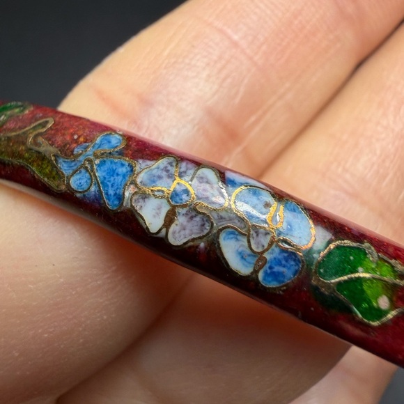 Vintage Red Cloisonné Floral Bangle Bracelet - Picture 2 of 8